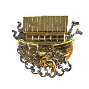 Noahs Ark Gold & Silver Tone Brooch Pin Christmas